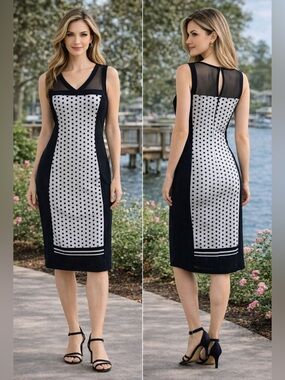 Picadilly Sleeveless Lite Grey/Black Sheath Dress Sheer shoulders & Back Sz.M